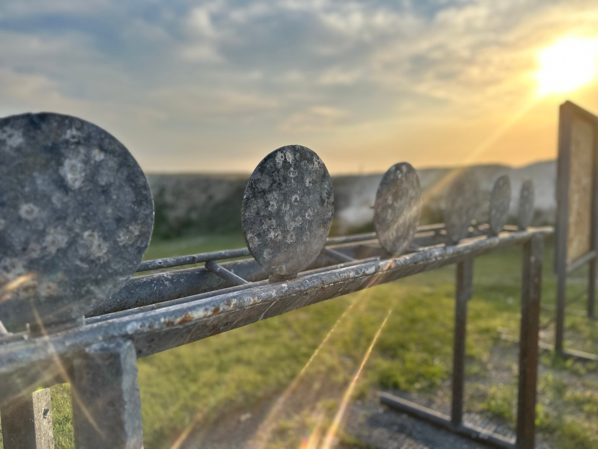 Steel targets on the pistol range at sunset